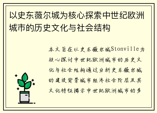 以史东薇尔城为核心探索中世纪欧洲城市的历史文化与社会结构